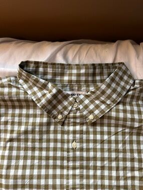Lands’ End Button-Down Shirt - Men's Olive Green Gingham Shirt